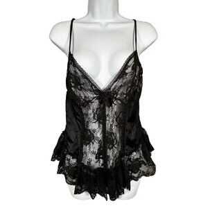 Vintage Avon Fashions Teddy Bodysuit Large Satin Nylon Lace Romper Black Sheer